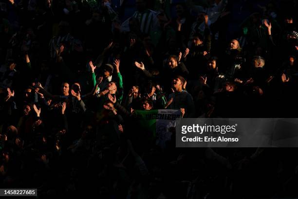 Real Betis supporters are seen during the LaLiga Santander match between RCD Espanyol and Real Betis at RCDE Stadium on January 21, 2023 in...