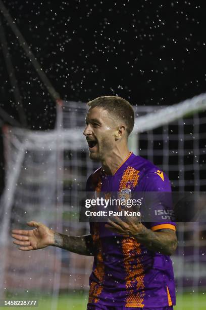 Adam Taggart of the Glory celebrates his second goal during the round 13 A-League Men's match between Perth Glory and Melbourne Victory at Macedonia...