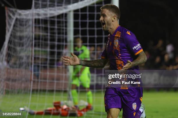 Adam Taggart of the Glory celebrates his second goal during the round 13 A-League Men's match between Perth Glory and Melbourne Victory at Macedonia...