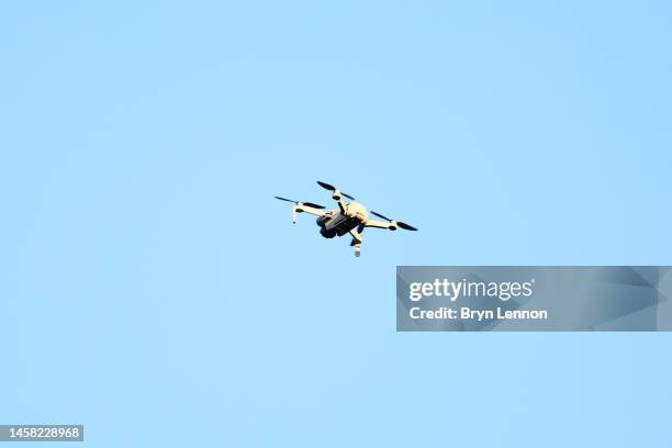 Drone is seen above the stadium, forcing the game to be paused during the Premier League match between Southampton FC and Aston Villa at Friends...