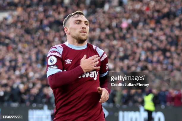 Jarrod Bowen of West Ham United celebrates after scoring the team's second goal during the Premier League match between West Ham United and Everton...