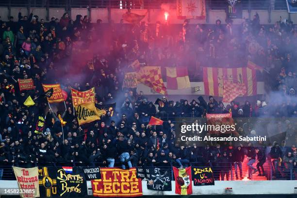 Lecce fans show their support with flags and flares during the Serie A match between Hellas Verona and US Lecce at Stadio Marcantonio Bentegodi on...