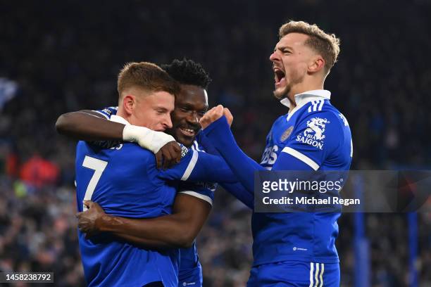 Harvey Barnes of Leicester City celebrates with teammates after scoring the team's second goal during the Premier League match between Leicester City...