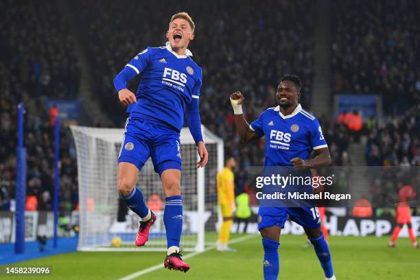 Harvey Barnes of Leicester City celebrates after scoring the team's second goal during the Premier League match between Leicester City and Brighton &...