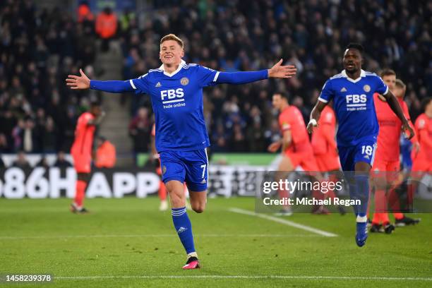 Harvey Barnes of Leicester City celebrates after scoring the team's second goal during the Premier League match between Leicester City and Brighton &...
