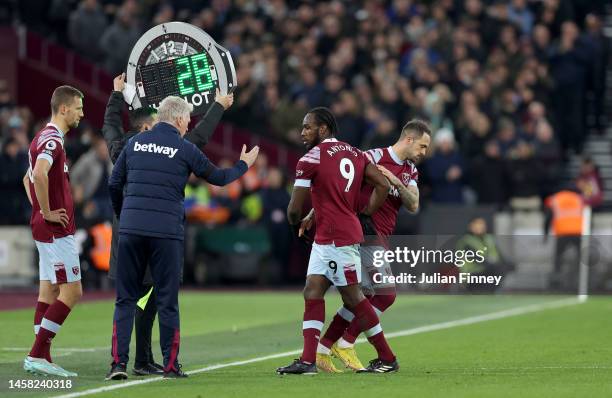 Danny Ings replaces Michail Antonio of West Ham United during the Premier League match between West Ham United and Everton FC at London Stadium on...