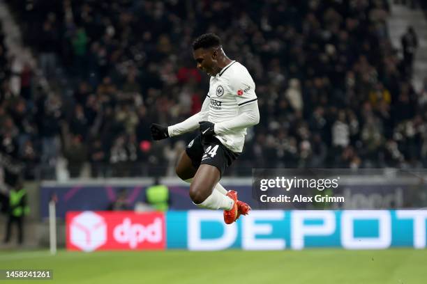 Aurelio Buta of Eintracht Frankfurt celebrates after scoring the team's third goal during the Bundesliga match between Eintracht Frankfurt and FC...