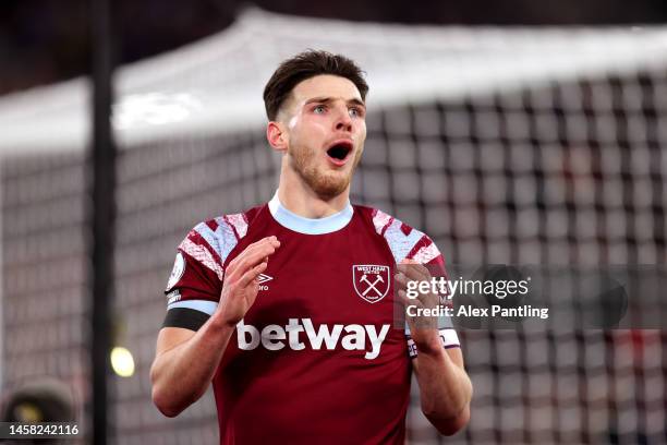Declan Rice of West Ham United reacts during the Premier League match between West Ham United and Everton FC at London Stadium on January 21, 2023 in...