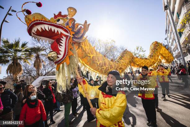 Group of men perform, with a traditional Chinese Dragon, during the Chinese New Year Parade on January 21, 2023 in Barcelona, Spain. The Chinese...