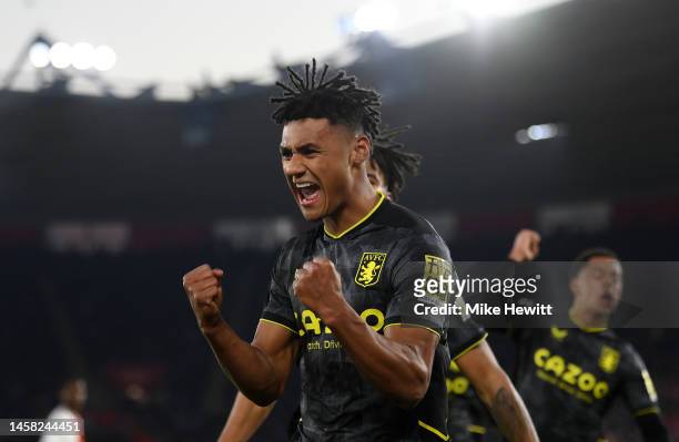 Ollie Watkins of Aston Villa celebrates after scoring the team's first goal during the Premier League match between Southampton FC and Aston Villa at...