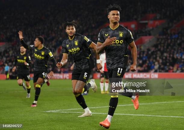 Ollie Watkins of Aston Villa celebrates after scoring the team's first goal during the Premier League match between Southampton FC and Aston Villa at...