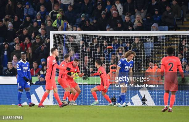 Evan Ferguson of Brighton & Hove Albion celebrates with teammates after scoring the team's second goal during the Premier League match between...