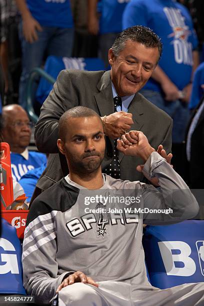 Playoffs: San Antonio Spurs Tony Parker on bench with team physician Dr. Paul Saenz during game vs Oklahoma City Thunder at Chesapeake Energy Arena....