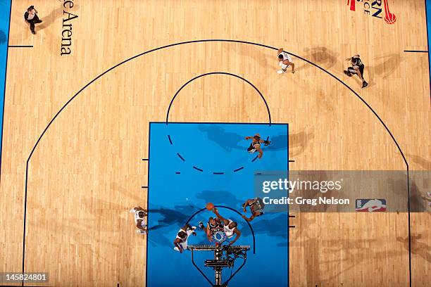 Playoffs: Aerial view of San Antonio Spurs Tim Duncan in action vs Oklahoma City Thunder Serge Ibaka at Chesapeake Energy Arena. Game 3. Oklahoma...