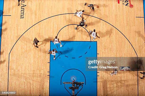 Playoffs: Aerial view of San Antonio Spurs Tony Parker in action vs Oklahoma City Thunder at Chesapeake Energy Arena. Game 3. Oklahoma City, OK...