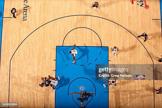 Playoffs: Aerial view of San Antonio Spurs Tim Duncan in action vs Oklahoma City Thunder at Chesapeake Energy Arena. Game 3. Oklahoma City, OK...