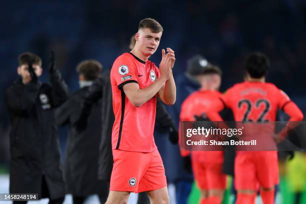 Evan Ferguson of Brighton & Hove Albion applauds the fans after the draw in the Premier League match between Leicester City and Brighton & Hove...