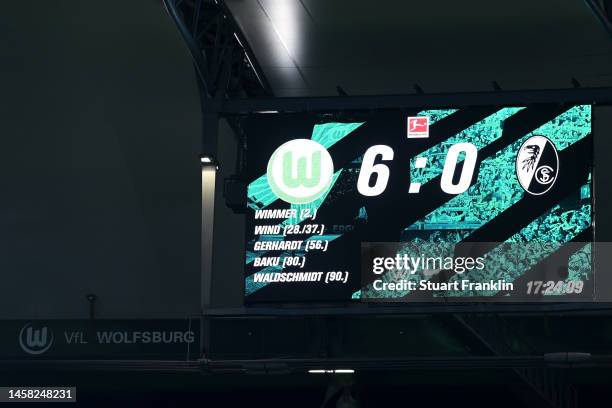 Detailed view of the LED Screen, which displays the final scoreline of VfL Wolfsburg 6-0 SC Freiburg, after the Bundesliga match between VfL...