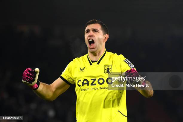 Emiliano Martinez of Aston Villa celebrates after the team's victory during the Premier League match between Southampton FC and Aston Villa at...