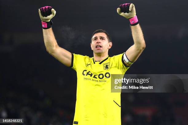 Emiliano Martinez of Aston Villa celebrates after the team's victory during the Premier League match between Southampton FC and Aston Villa at...