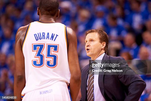 Playoffs: Oklahoma City Thunder head coach Scott Brooks with Kevin Durant during game vs San Antonio Spurs at Chesapeake Energy Arena. Game 3....