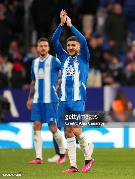 Oscar Gil of RCD Espanyol applauds their fans as they celebrates victory after the LaLiga Santander match between RCD Espanyol and Real Betis at RCDE...