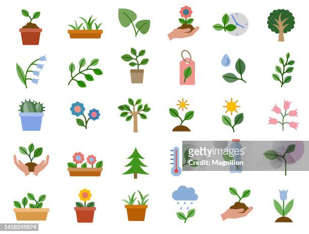 stockillustraties, clipart, cartoons en iconen met plant & flowers flat icons set - flower pot