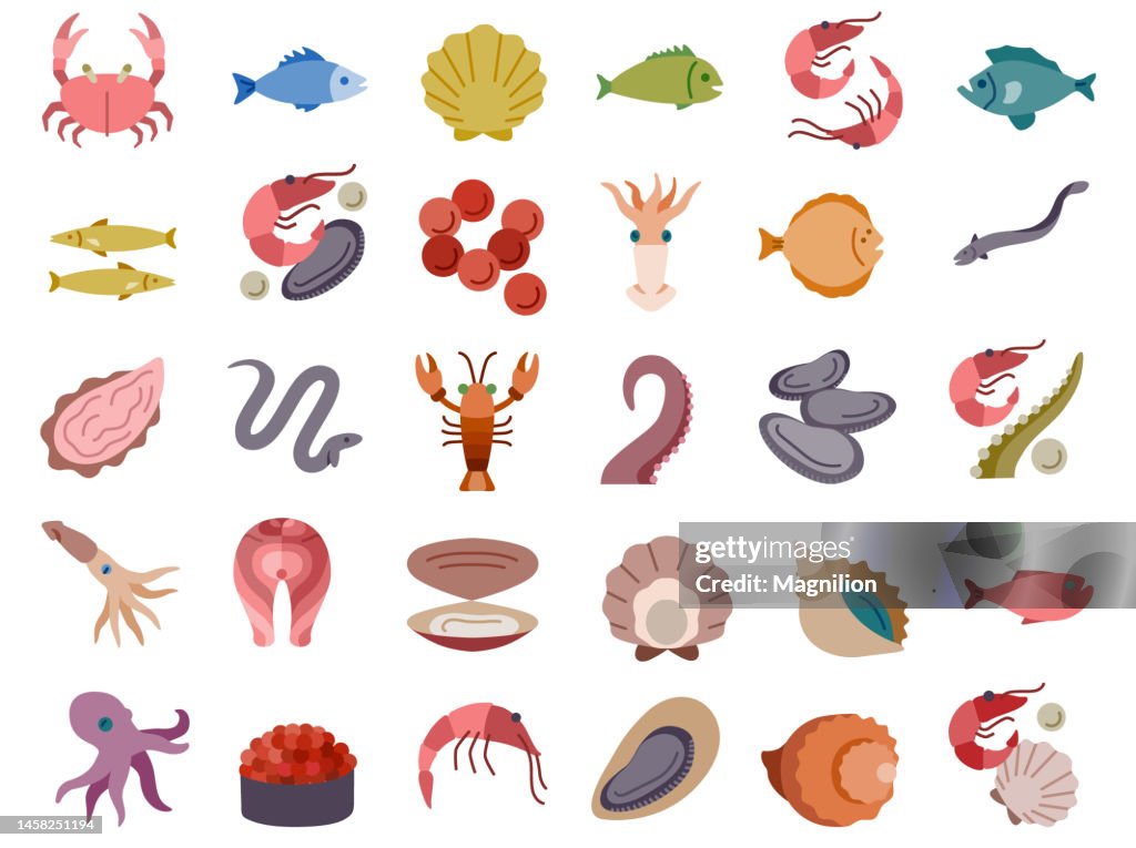 Conjunto de iconos planos de mariscos