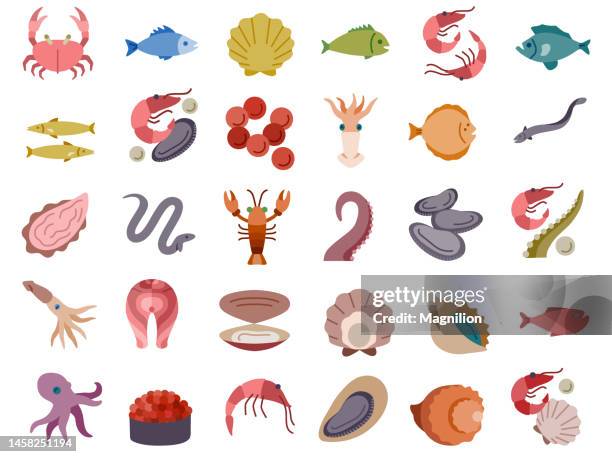 ilustraciones, imágenes clip art, dibujos animados e iconos de stock de conjunto de iconos planos de mariscos - pescado y mariscos