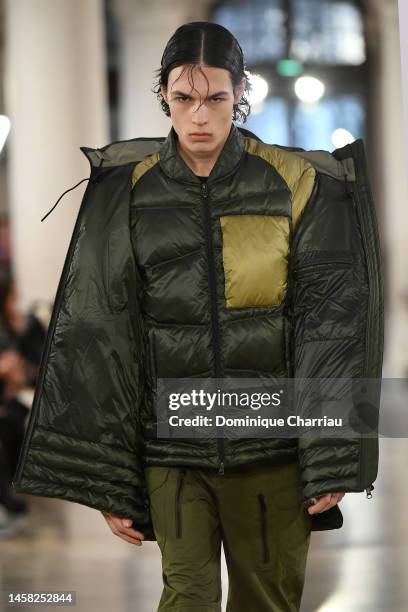 Model walks the runway during the White Mountaineering Menswear Fall-Winter 2023-2024 show as part of Paris Fashion Week on January 21, 2023 in...