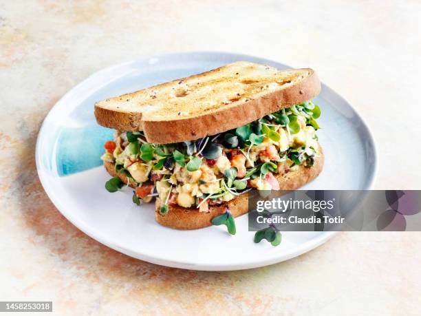 vegetarian sandwich on a plate on yellow background - microvegetal imagens e fotografias de stock