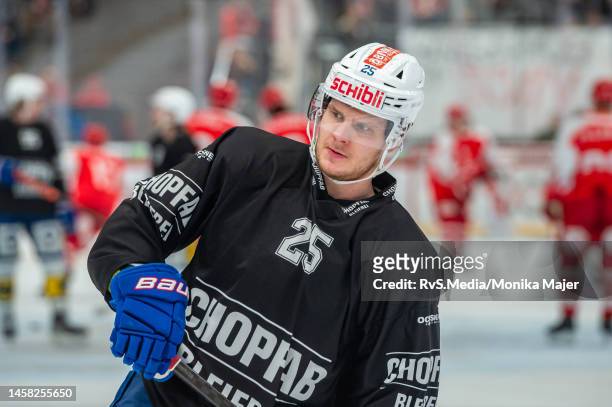 Arttu Ruotsalainen of EHC Kloten warms up prior the National League match between Lausanne HC and EHC Kloten at Vaudoise Arena on January 13, 2023 in...