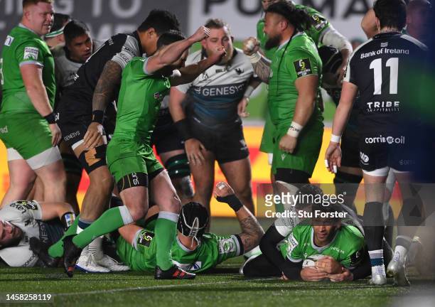 Falcons player Matias Orlando goesv over forn the second try during the Pool A Challenge Cup match between Newcastle Falcons and Connacht Rugby at...
