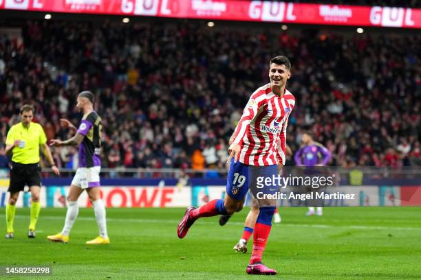 Alvaro Morata of Atletico Madrid celebrates after scoring the team's first goal during the LaLiga Santander match between Atletico de Madrid and Real...