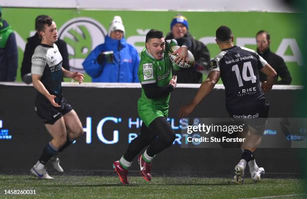 Falcons wing Mateo Carreras weaves his way through to score the third Falcons try during the Pool A Challenge Cup match between Newcastle Falcons and...