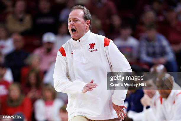 Head Coach Kermit Davis of the Mississippi Rebels yells at his team during the first half of a game against the Arkansas Razorbacks at Bud Walton...