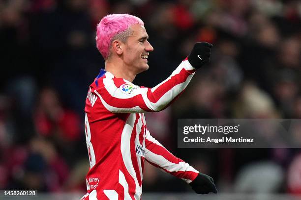 Antoine Griezmann of Atletico Madrid celebrates after scoring the team's second goal during the LaLiga Santander match between Atletico de Madrid and...