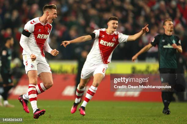 Steffen Tigges of 1.FC Koln celebrates after scoring the team's third goal during the Bundesliga match between 1. FC Köln and SV Werder Bremen at...