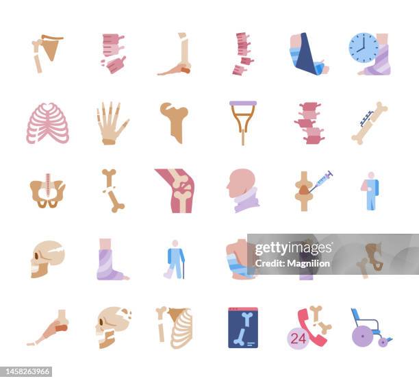 traumatology flat icons set. injuries, fractures, treatment. - flat bone stock illustrations