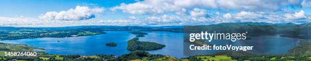 scotland aerial panorama over loch lomond trossachs national park mountains - silentfoto heather stock pictures, royalty-free photos & images