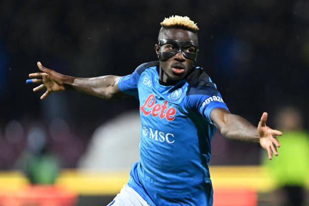 Victor Osimhen of SSC Napoli celebrates after scoring the 0-2 goal during the Serie A match between Salernitana and SSC Napoli at Stadio Arechi on...