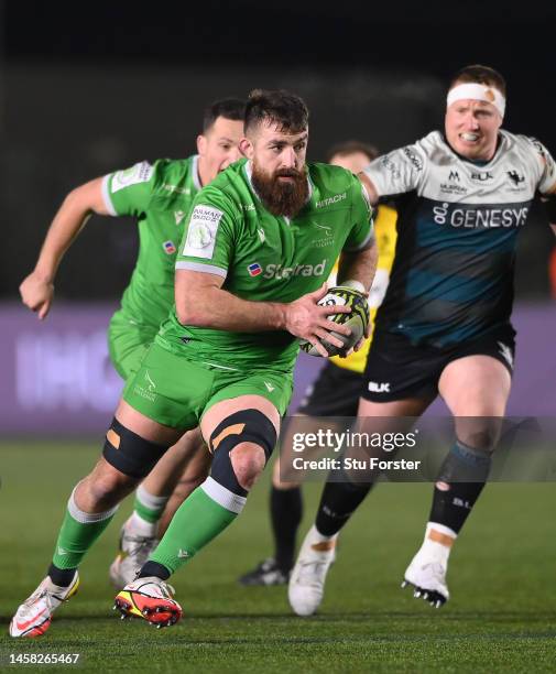 Falcons player Gary Graham makes a break during the Pool A Challenge Cup match between Newcastle Falcons and Connacht Rugby at Kingston Park on...