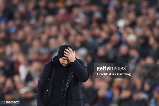 Frank Lampard, Manager of Everton, reacts during the Premier League match between West Ham United and Everton FC at London Stadium on January 21,...