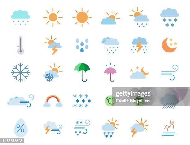 ilustraciones, imágenes clip art, dibujos animados e iconos de stock de conjunto de iconos de weather flat - clear sky
