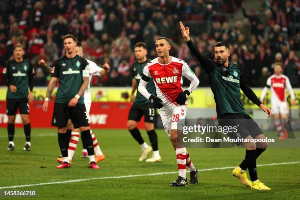 Ellyes Skhiri of 1.FC Koln celebrates after scoring the team's fourth goal during the Bundesliga match between 1. FC Köln and SV Werder Bremen at...