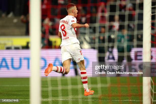 Denis Huseinbasic of 1.FC Koln celebrates after scoring the team's fifth goal during the Bundesliga match between 1. FC Köln and SV Werder Bremen at...