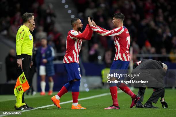 Memphis Depay of Atletico Madrid comes on as a substitute to replace Alvaro Morata during the LaLiga Santander match between Atletico de Madrid and...