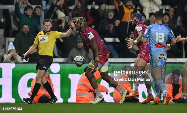 Christ Tshiunza of Exeter Chiefs celebrates after scoring a try during the Heineken Champions Cup Pool A match between Exeter Chiefs and Castres...