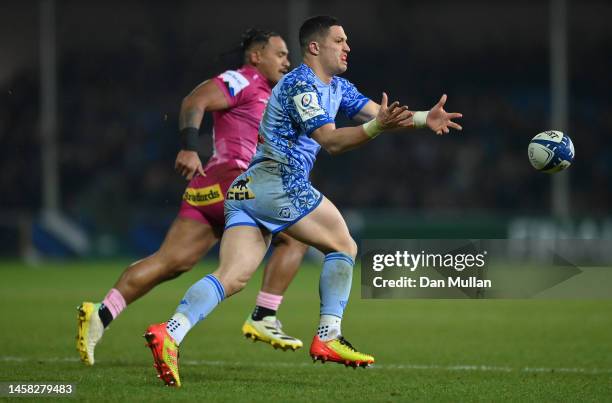 Adrien Seguret of Castres Olympique offloads during the Heineken Champions Cup Pool A match between Exeter Chiefs and Castres Olympique at Sandy Park...