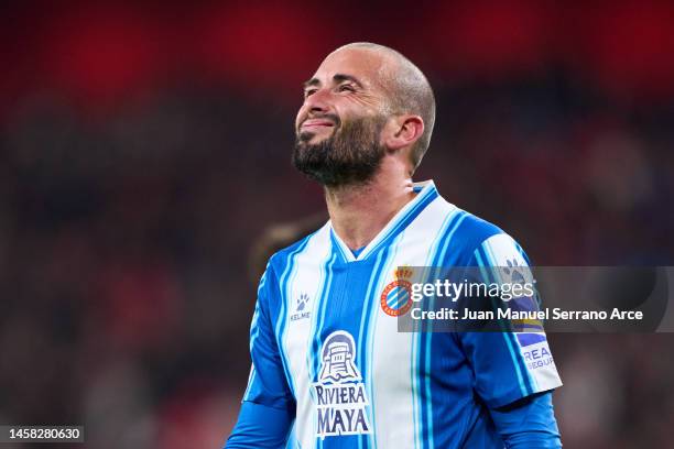 Aleix Vidal of RCD Espanyol reacts during the Copa del Rey round of 16 match between Athletic Club and RCD Espanyol at San Mames Stadium on January...